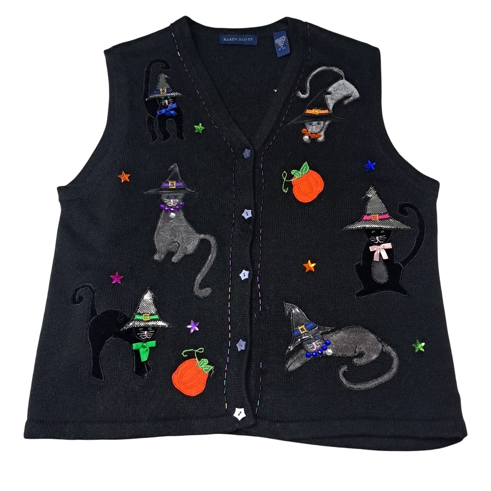 Vintage Karen Scott Sweater Vest Womens Medium Black Halloween Cats Embroidered